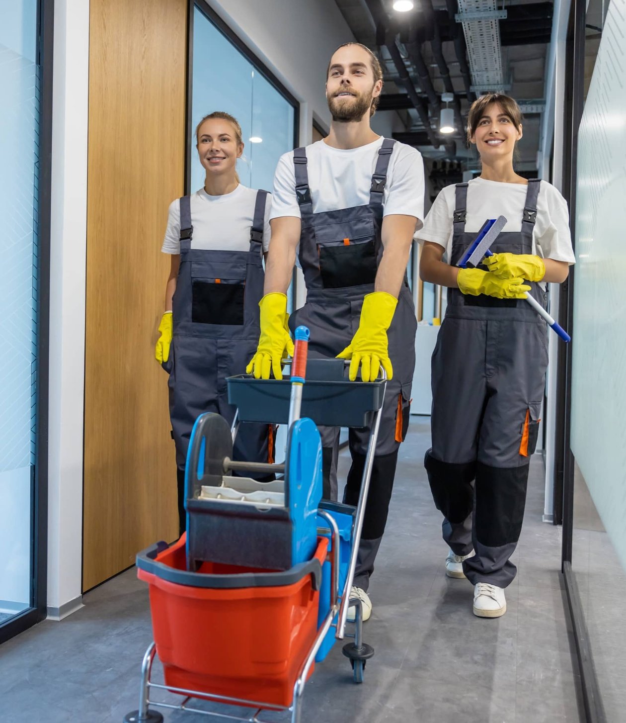 Commercial cleaning team preparing for a shift.