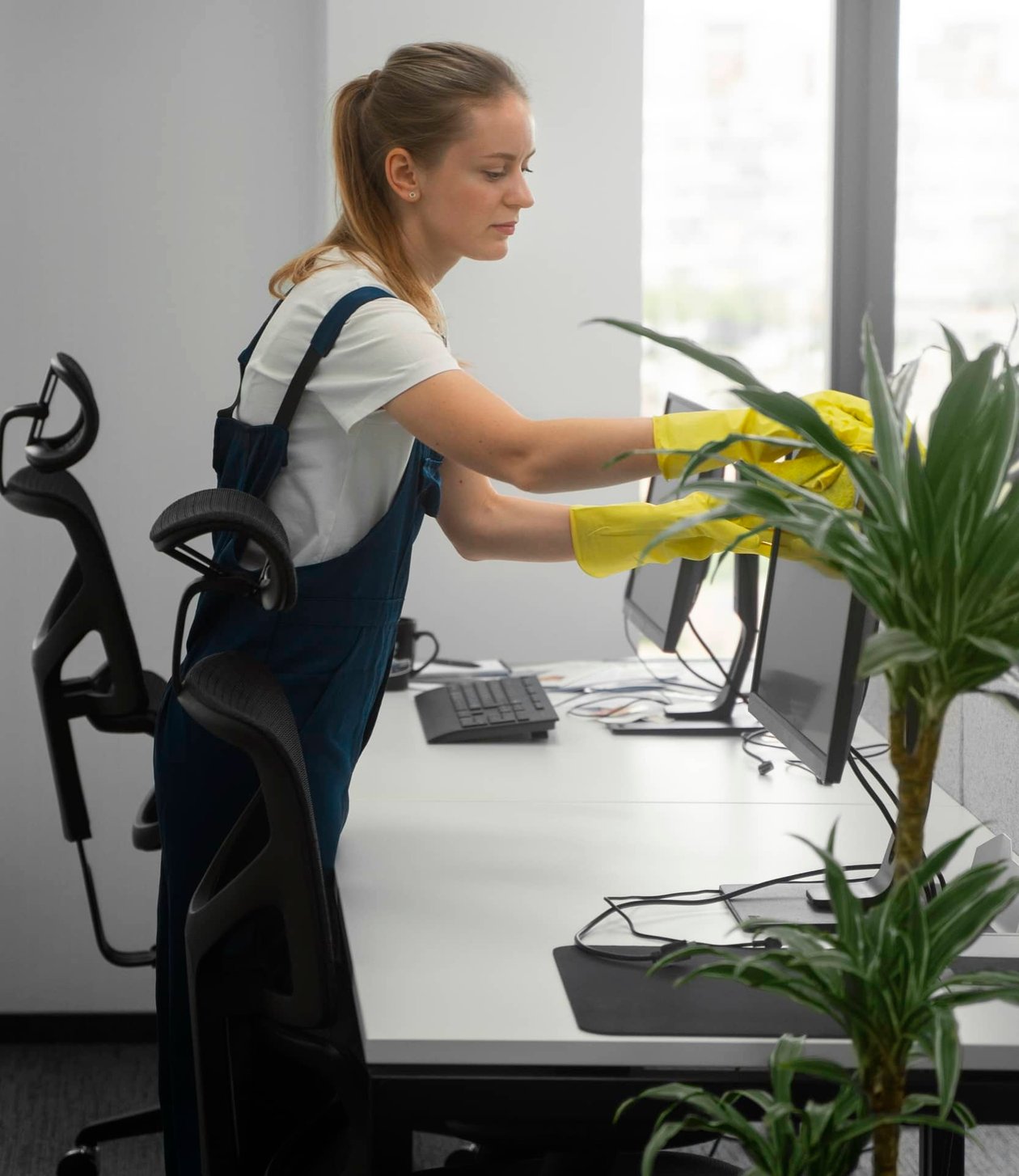 Commercial cleaner wiping down a desk in a modern office.