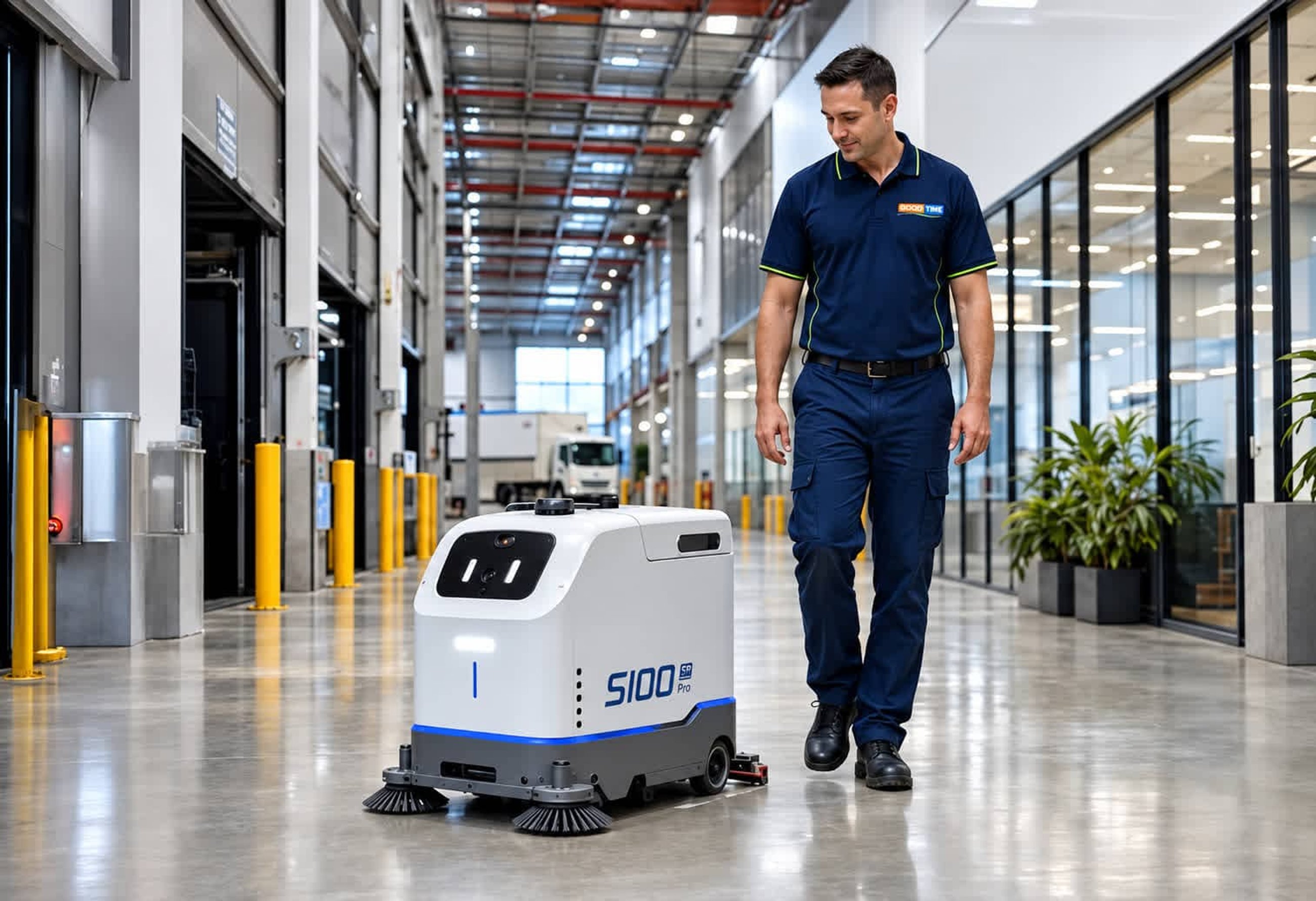 Good Time Clean team member walking beside a Sveabot S100 Pro autonomous scrubber in a Sydney warehouse facility.