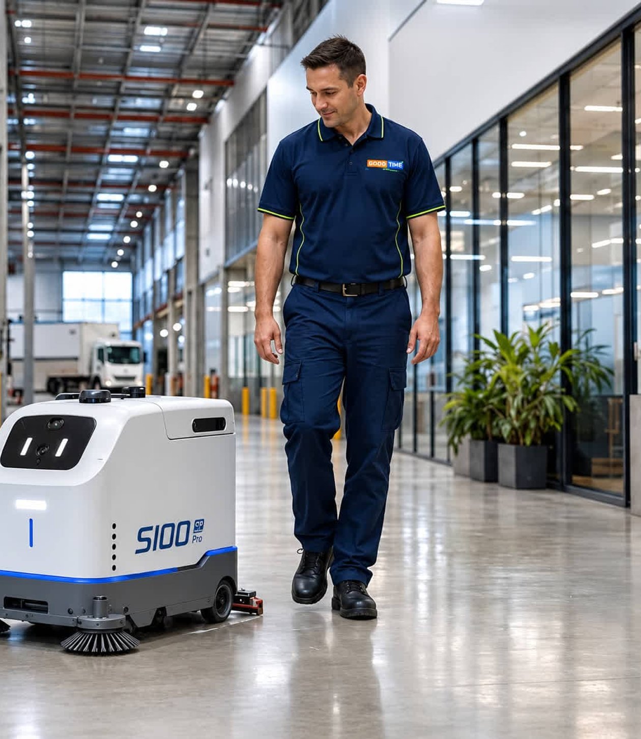 Good Time Clean team member alongside a Sveabot autonomous cleaning robot on a warehouse floor.