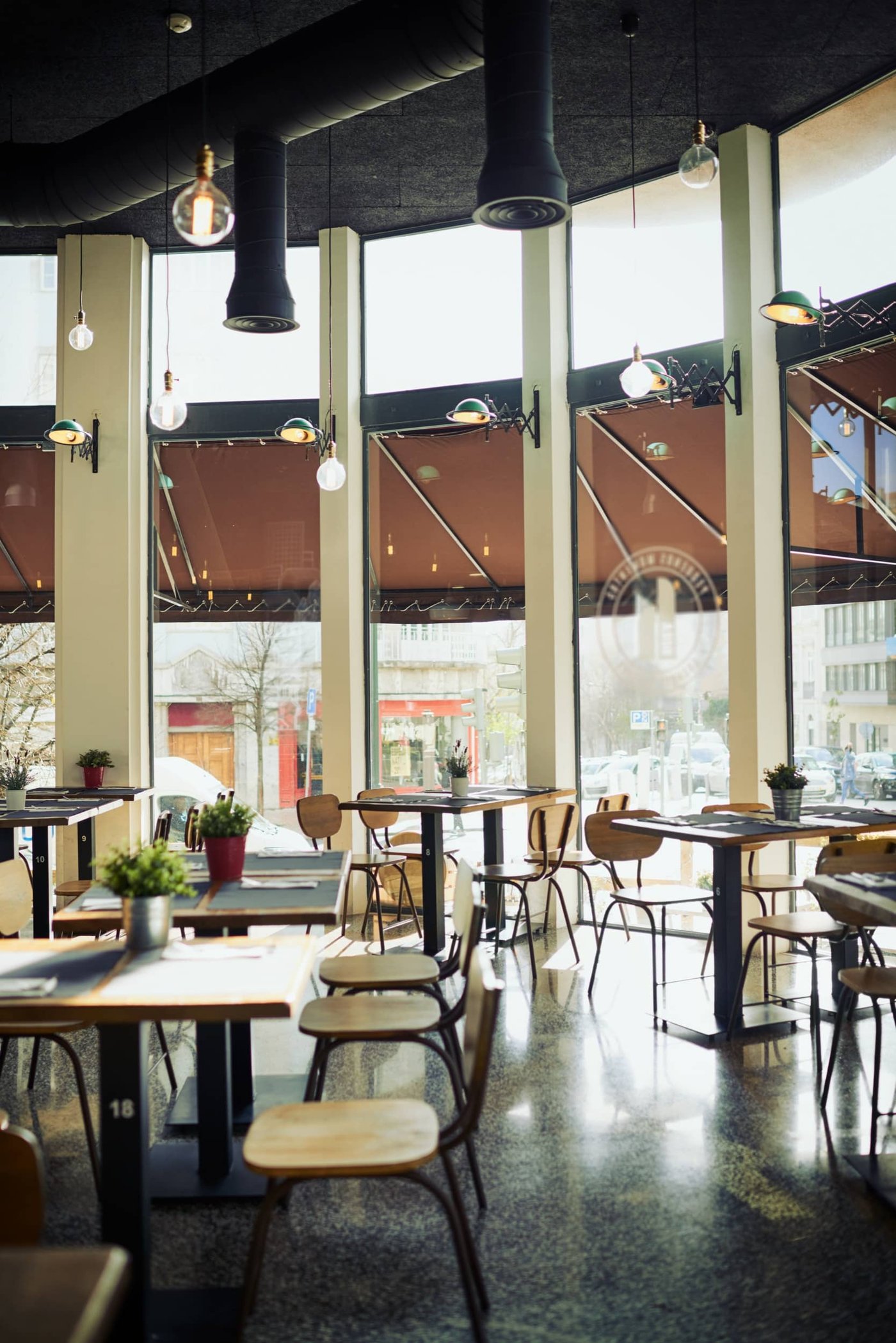 Café interior set up before opening.