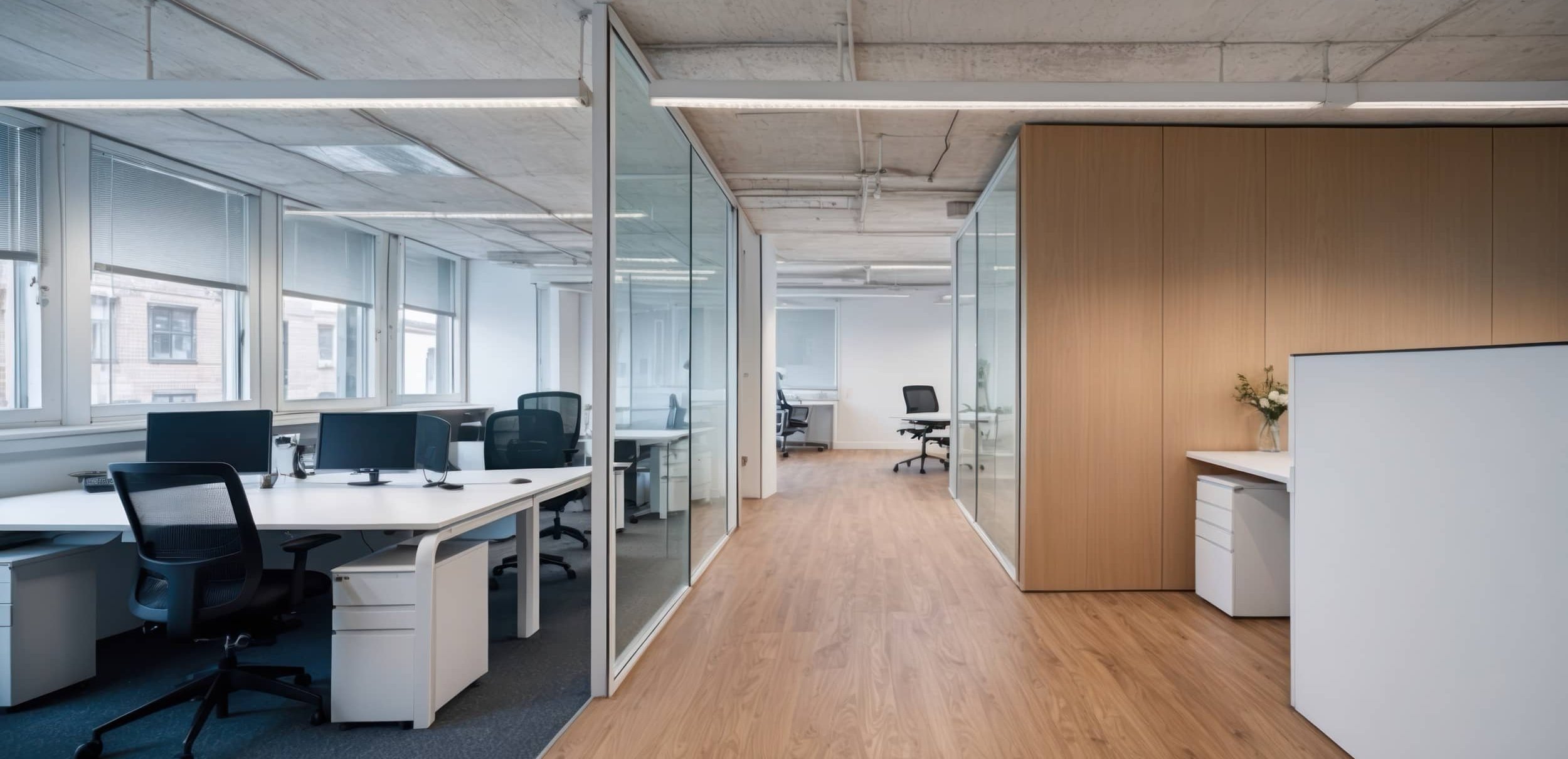 Corporate office floor with glass meeting rooms.